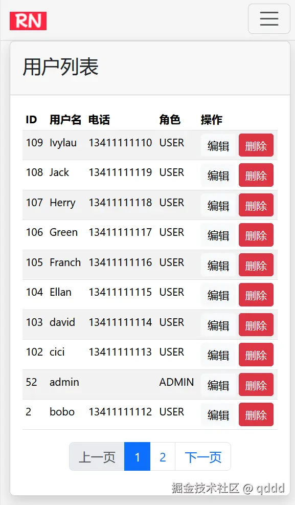 图15-7 移动设备上访问/admin/user页面路径的效果