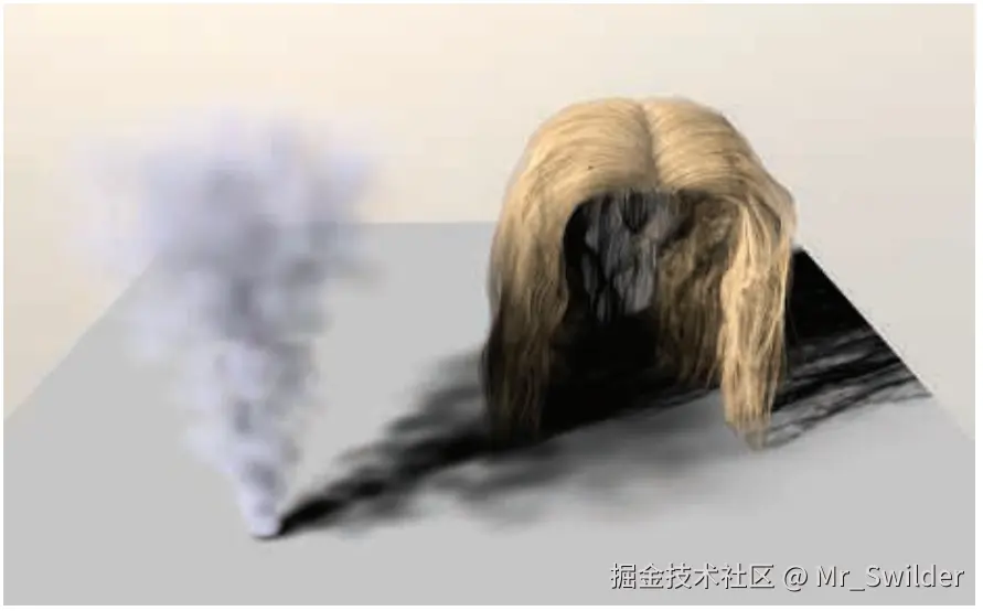 图7.29：使用自适应体积阴影贴图来渲染的头发和烟雾阴影。 [1531]