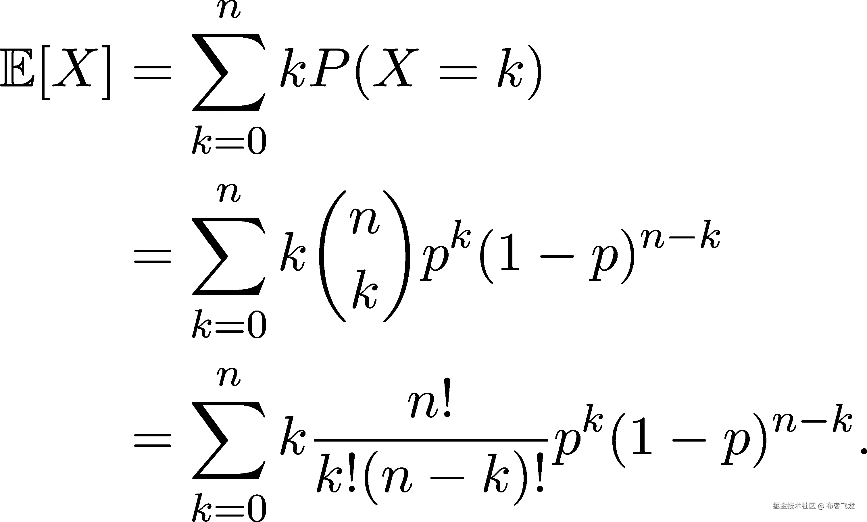  ∑n 𝔼[X] = kP (X = k ) k=0 ∑n (n ) = k pk(1 − p)n−k k=0 k ∑n = k----n!--- pk(1 − p)n−k. k=0 k!(n − k)! 