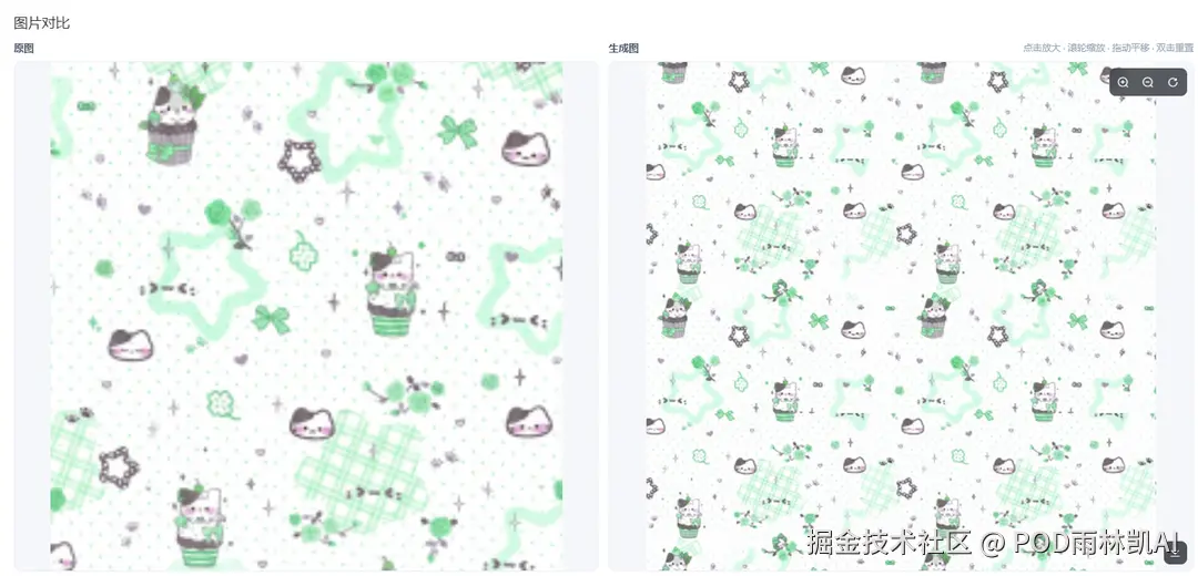 雨林凯AI四方连图流水线：白底绿色猫咪图案归类判定示意