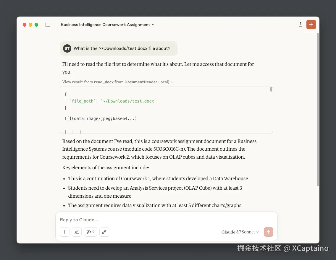 Claude AI interface demonstrating document reader MCP server extracting and summarizing content from a Word document