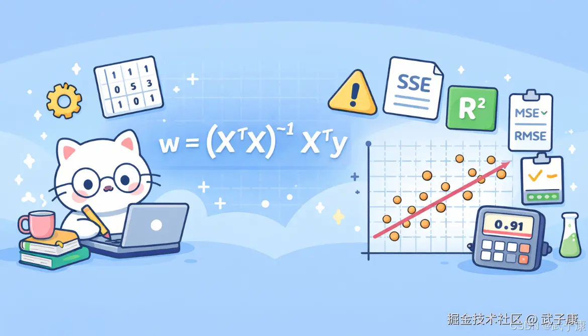 大数据-206 用 NumPy 矩阵乘法手写多元线性回归：正规方程、SSE/MSE/RMSE 与 R²
