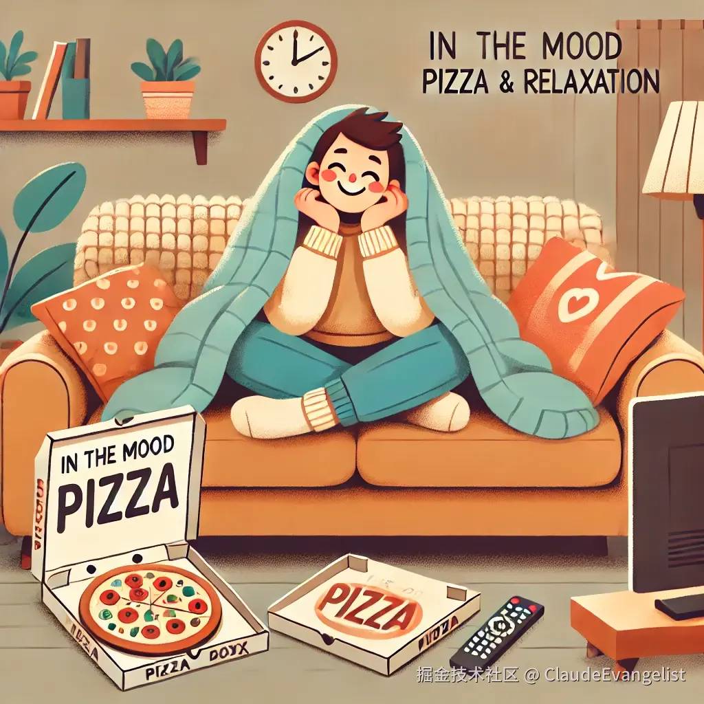 DALL·E 2024-12-16 11.59.16 - An illustration of a cheerful person sitting on a couch at home, surrounded by cozy objects like a blanket, a pizza box, and a TV remote, visually exp.webp