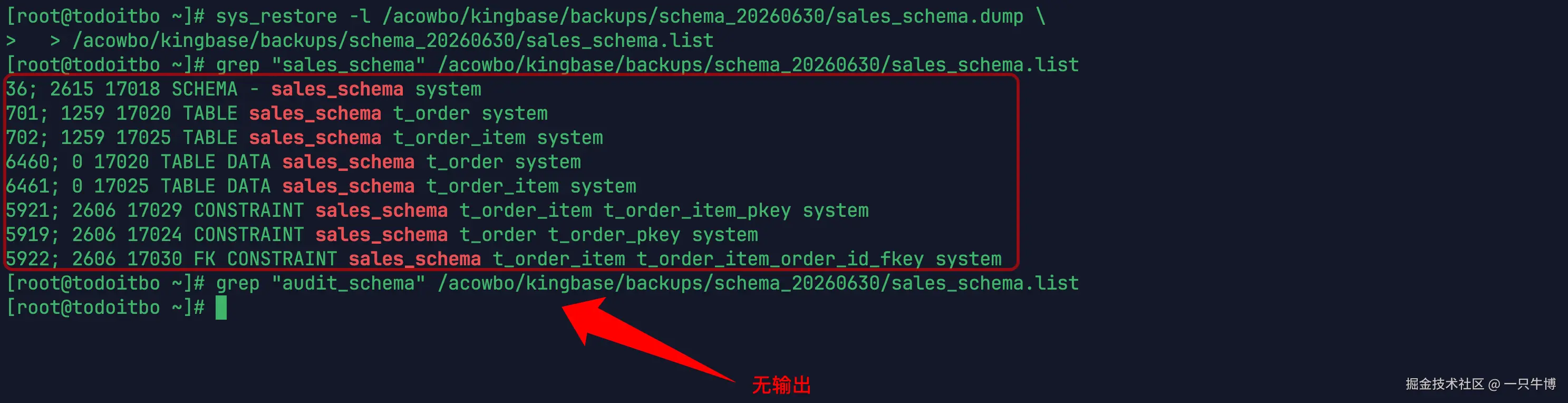 归档清单只包含目标 schema