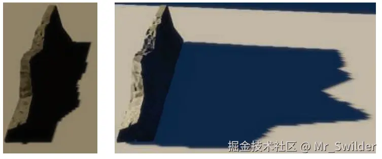 图7.16：左图中的光源几乎位于正上方，阴影的边缘有点粗糙，因为与相机的视图分辨率相比，阴影贴图的分辨率比较低。右图中的光线以掠射角度照射到物体上，每个阴影贴图中的纹素，在水平方向上都会覆盖相当多的屏幕像素，所以会产生更加锯齿状的阴影边缘。