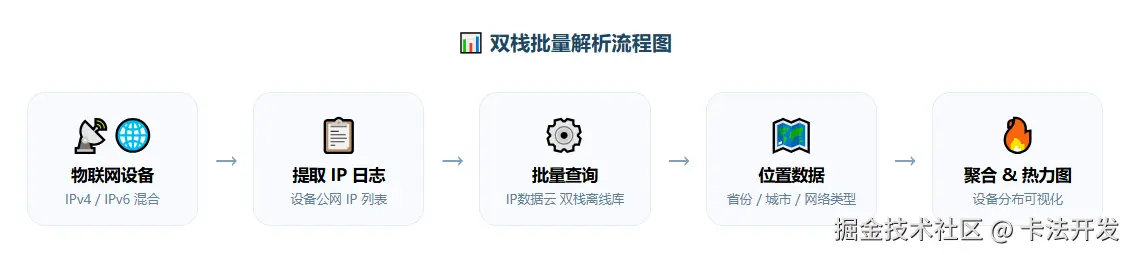 双栈批量解析流程图，展示从物联网设备IP到分布热力图的完整数据处理流程。.png