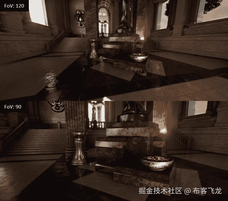 图 6.5 – 使用虚幻游戏引擎中的两种不同视场角（FoV）捕获的场景