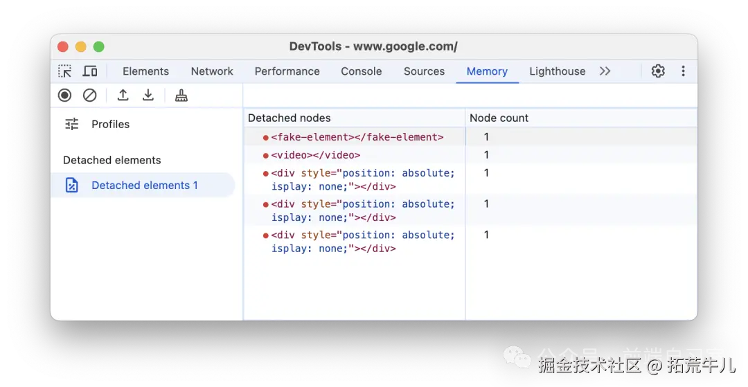 Detached Elements 面板显示被 JS 引用保留的已分离 HTML 元素