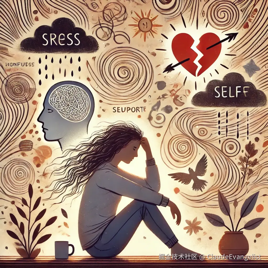 DALL·E 2024-11-12 23.51.02 - An illustration depicting a person surrounded by symbols of stress, confusion, and emotional drain, like swirling lines, dark clouds, and broken heart.webp