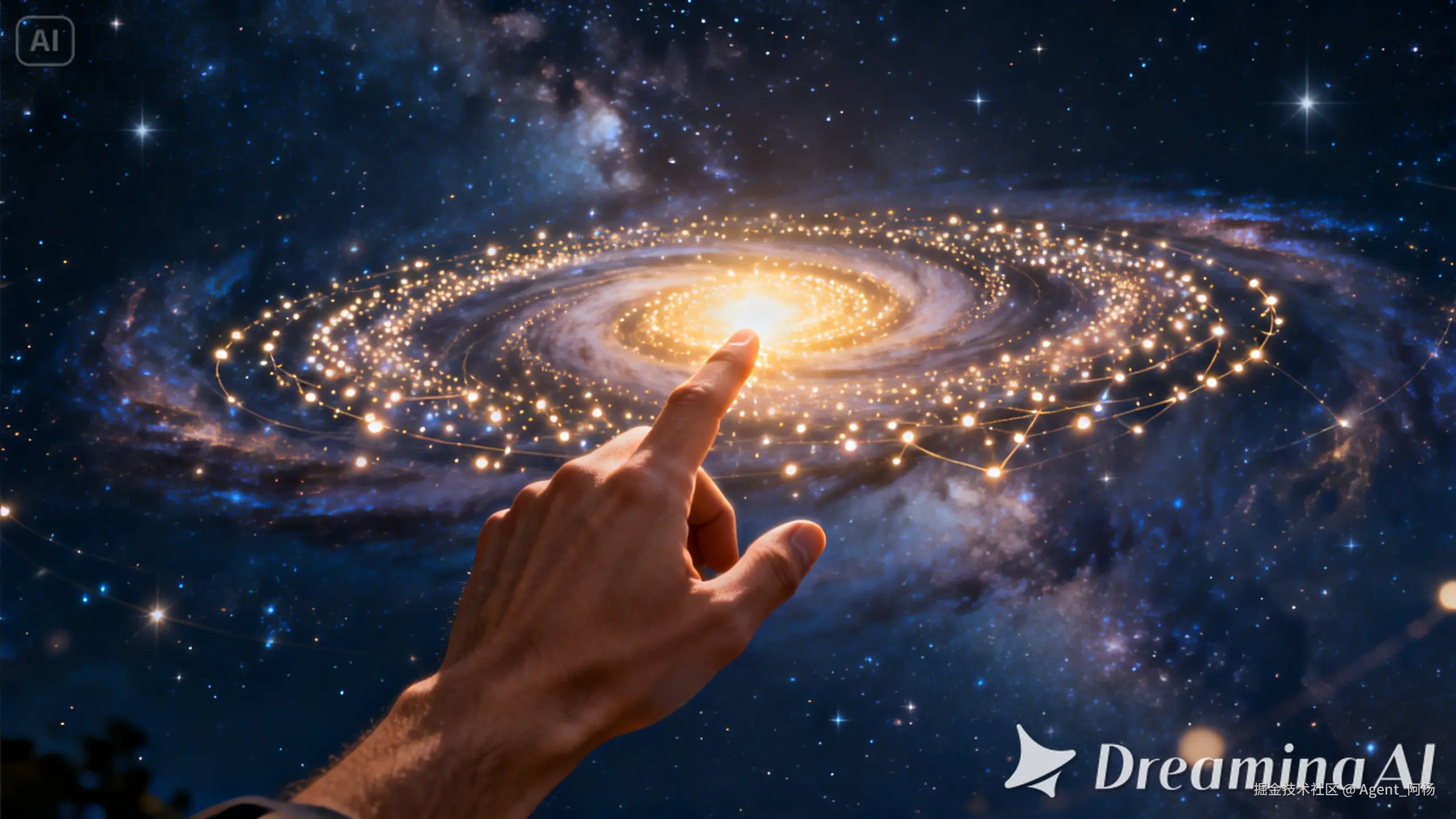 dreamina-2026-01-22-5684-主题：人类之手，点亮智能体星系 风格：宏大的概念艺术，深空背景，璀璨星光，具有史....jpeg