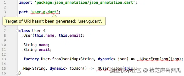 IDE warning when the generated code for a model class does not exist yet.