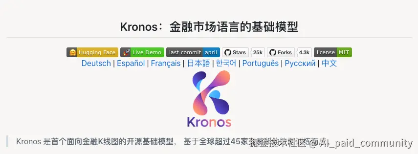 Kronos 项目主页截图：金融市场语言的基础模型，25k Stars / 4.3k Forks，MIT 许可，Hugging Face 托管，Live Demo 可体验，基于全球超过 45 家交易所数据训练，支持中英日韩等多语言文档