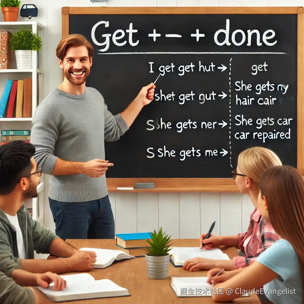 DALL·E 2024-10-04 21.45.54 - A friendly English lesson scene featuring a teacher explaining grammar on a blackboard. The blackboard has the phrase 'get + ... + done' written on it.webp