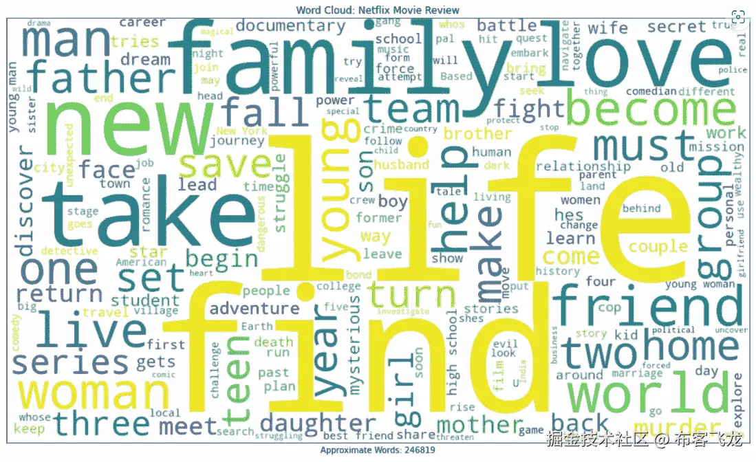 图 5.8 – Netflix 字词云，包含大约 246,819 个单词