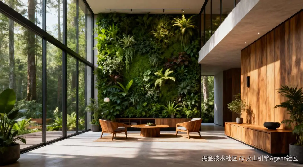 prompt：现代生态客厅，垂直绿植墙配木家具，落地窗俯瞰森林，自然光充足，超清建筑视效。