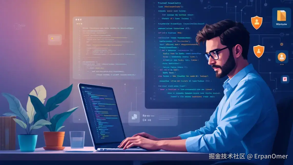 focus-software-engineer-desk-ai-code-suggestions-knowledge-library-digital-illustration.webp