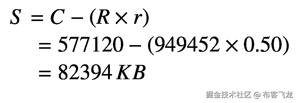 {\displaystyle \begin{array}{l}S=C-\left(R\times r\right)\\ {}\kern1em =577120-\left(949452\times 0.50\right)\\ {}\kern1em =82394\kern0.125em KB\end{array}}