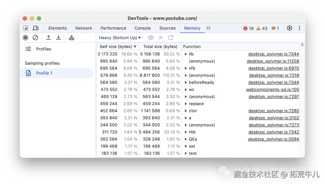 Allocation Sampling 的调用树视图，按内存分配量排序