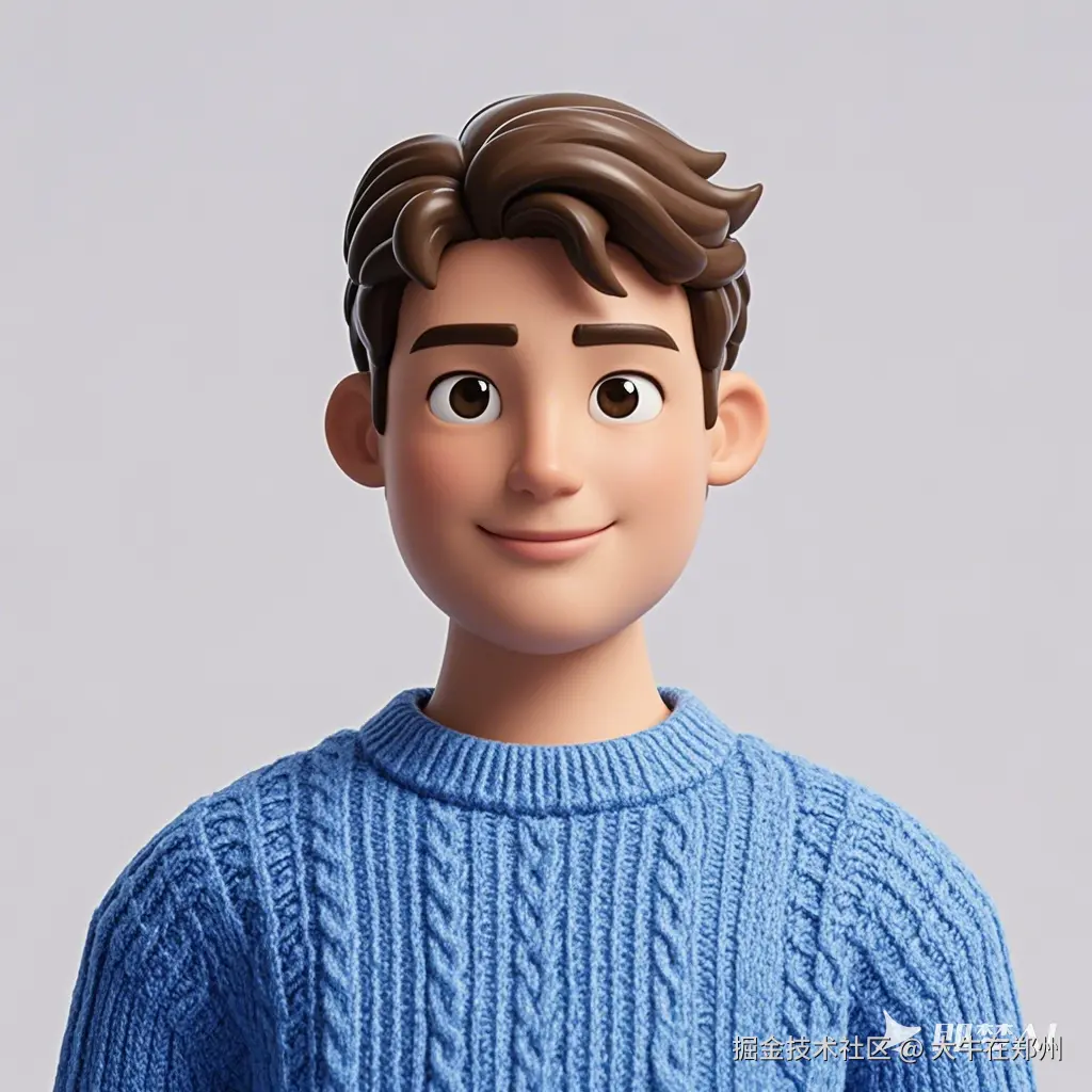 3D人物，一个年轻的男大学生，穿着蓝色的羊绒毛衣，平静又快乐的表情。.png