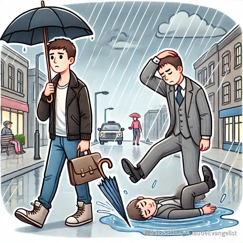 DALL·E 2024-10-24 21.24.31 - An illustration showing a person walking in the rain looking unhappy, carrying a broken umbrella. Nearby, another person slips on a puddle, making the.webp