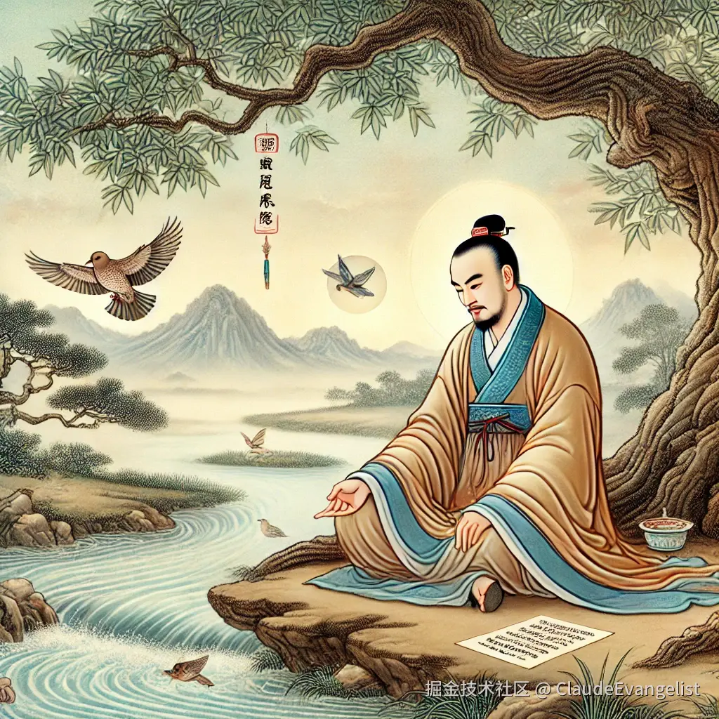 DALL·E 2024-11-24 11.59.31 - A traditional Chinese painting-style illustration depicting Zhuangzi, a serene philosopher, sitting by a flowing river under a large tree. Zhuangzi is.webp