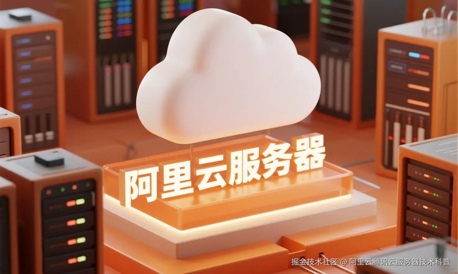 jimeng-2025-08-01-9525-创建一个具有未来科技感的云服务器服务宣传图。主视觉是发光的白云和阿里云相间的服务....jpeg