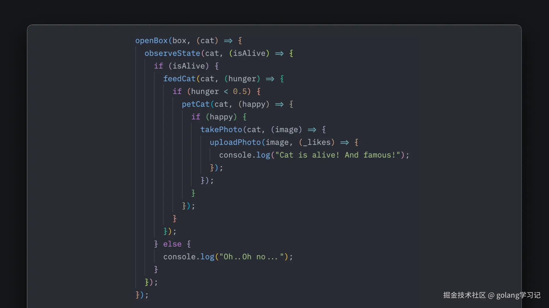 彩虹括号效果示例：每层嵌套一个颜色，一眼定位匹配关系