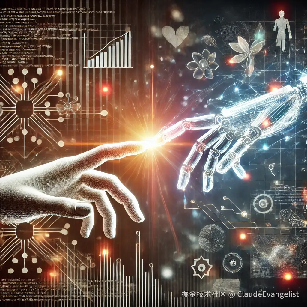 DALL·E 2024-12-17 08.56.01 - An abstract illustration of AI and human collaboration in creative work. A robotic hand and a human hand reaching towards each other, with digital lin.webp
