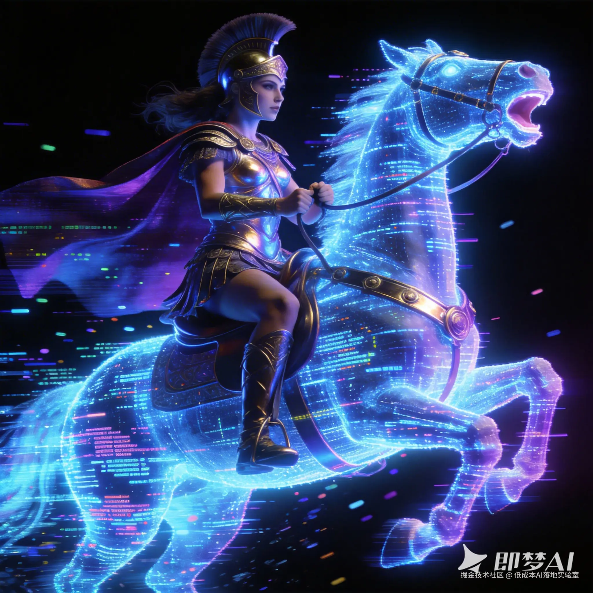 jimeng-2026-03-28-5811-纯黑背景中，一名罗马女将军，骑着一匹由发光的代码构成的马，马套着赛博朋克风格的马....png