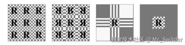 图6.7：纹理图像的不同寻址模式，从左到右分别是repeat，mirror，clamp和border。