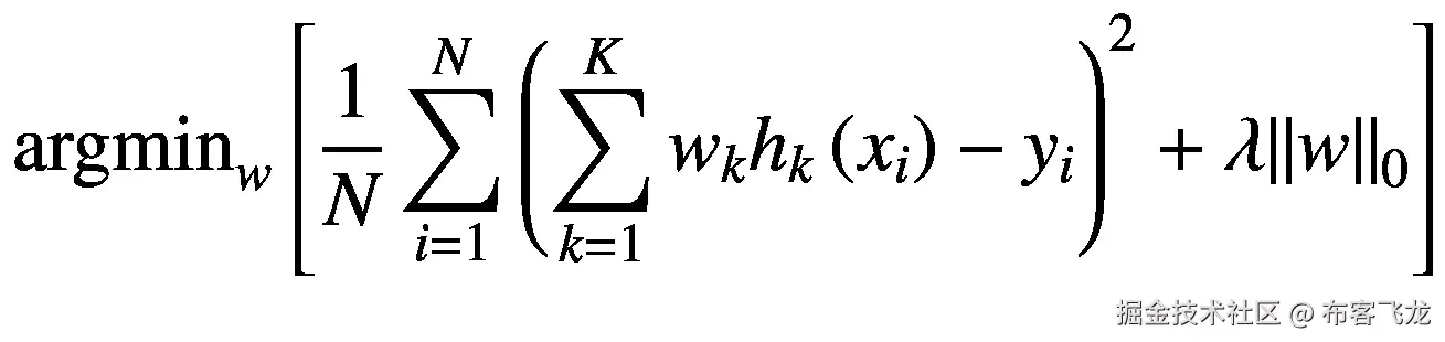 {\mathrm{argmin}}_w\left[\frac{1}{N}\sum \limits_{i=1}^N{\left(\sum \limits_{k=1}^K{w}_k{h}_k\left({x}_i\right)-{y}_i\right)}²+\lambda {\left\Vert w\right\Vert}_0\right]