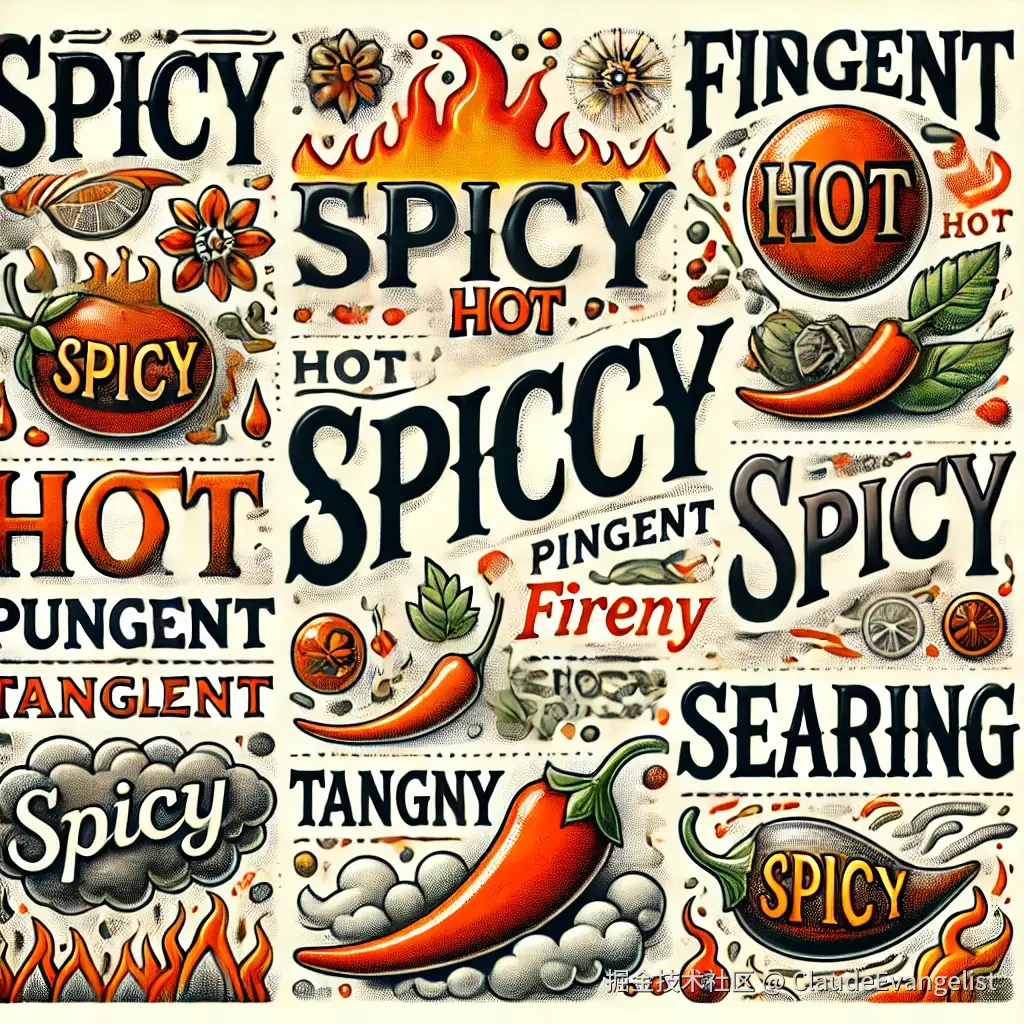 DALL·E 2024-08-07 20.54.48 - A detailed illustration depicting various words used to describe spiciness in English, such as Spicy, Hot, Fiery, Pungent, Tangy, and Searing. Each wo.webp