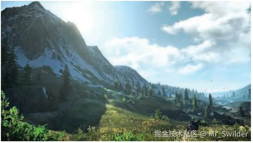 图7.32：每个高度场位置都会计算第一次看见太阳时的高度，然后使用这个高度信息来渲染地形的阴影。请注意阴影边缘的树木，是如何被正确渲染出阴影的。 [555]