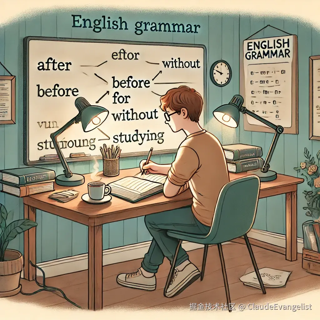 DALL·E 2025-01-06 12.00.19 - An illustration of a student sitting at a desk studying English grammar. On the desk are books, a notebook with a pen, and a cup of coffee. The wall b.webp
