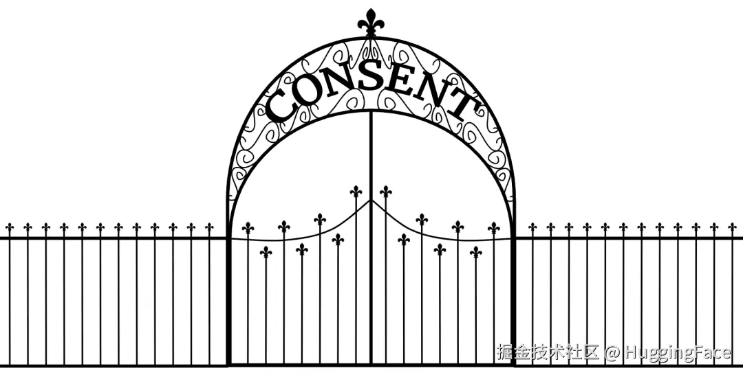 Line-drawing/clipart of a gate, where the family name says Consent