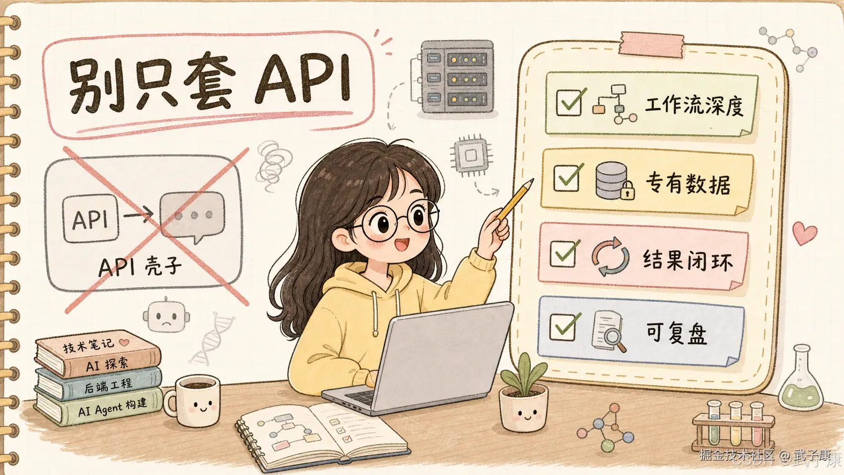 手绘「别只套 API」：左侧叉掉的「API → API 壳子」+ 右侧四象限清单：工作流深度 / 专有数据 / 结果闭环 / 可复盘