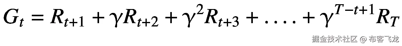 {G}_t={R}_{t+1}+\upgamma {R}_{t+2}+{\upgamma}²{R}_{t+3}+\dots .+{\upgamma}^{T-t+1}{R}_T