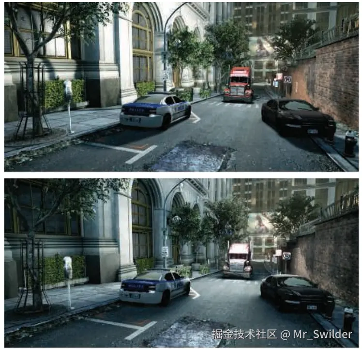 图7.33：第一行图片是使用基本的软阴影近似技术生成的。第二行图片展示了基于体素的面光源阴影效果，它是在一个体素化的场景中，使用锥形追踪来生成的。请注意观察两幅图片中汽车的漫反射阴影。第二行图片中的光照效果还可以随着一天中时间的变化而变化。 [865]