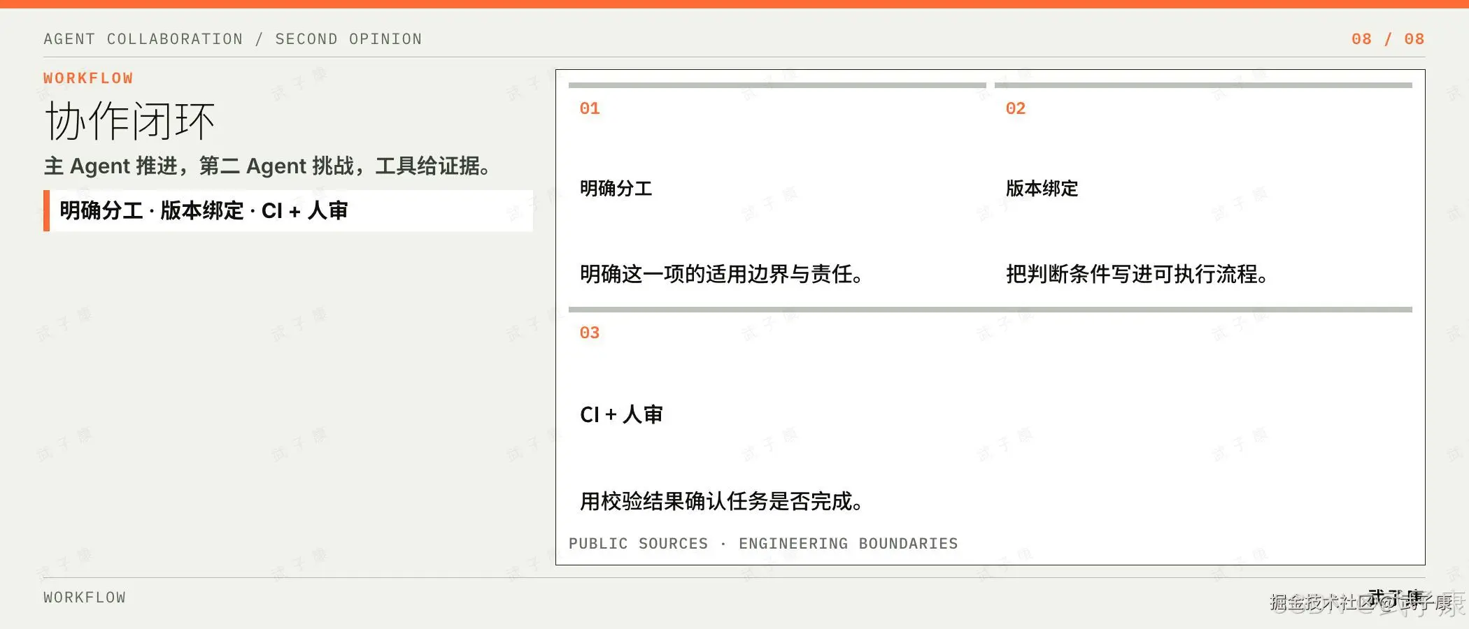 协作闭环:主 Agent 推进,第二 Agent 挑战,工具给证据;明确分工 · 版本绑定 · CI + 人审