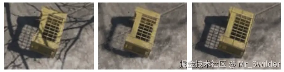 图7.31：左图：PCF会为所有物体都生成均匀的软阴影。中间：PCSS会根据与遮挡物的距离，来对阴影进行软化，但是与板条箱左下角重叠的树枝阴影，会产生一些瑕疵。右图：将来自IZB的尖锐阴影与来自PCSS的柔和阴影进行混合，给出了一个改进的结果。 [1711]