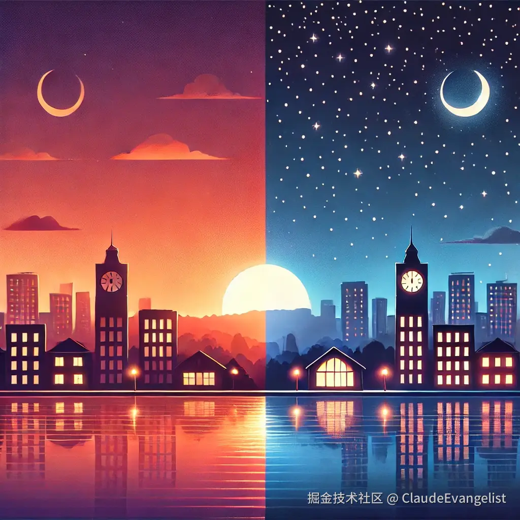 DALL·E 2024-09-01 19.31.37 - A serene illustration depicting the transition from evening to night. The left side of the image should show a calm evening scene with a setting sun, .webp