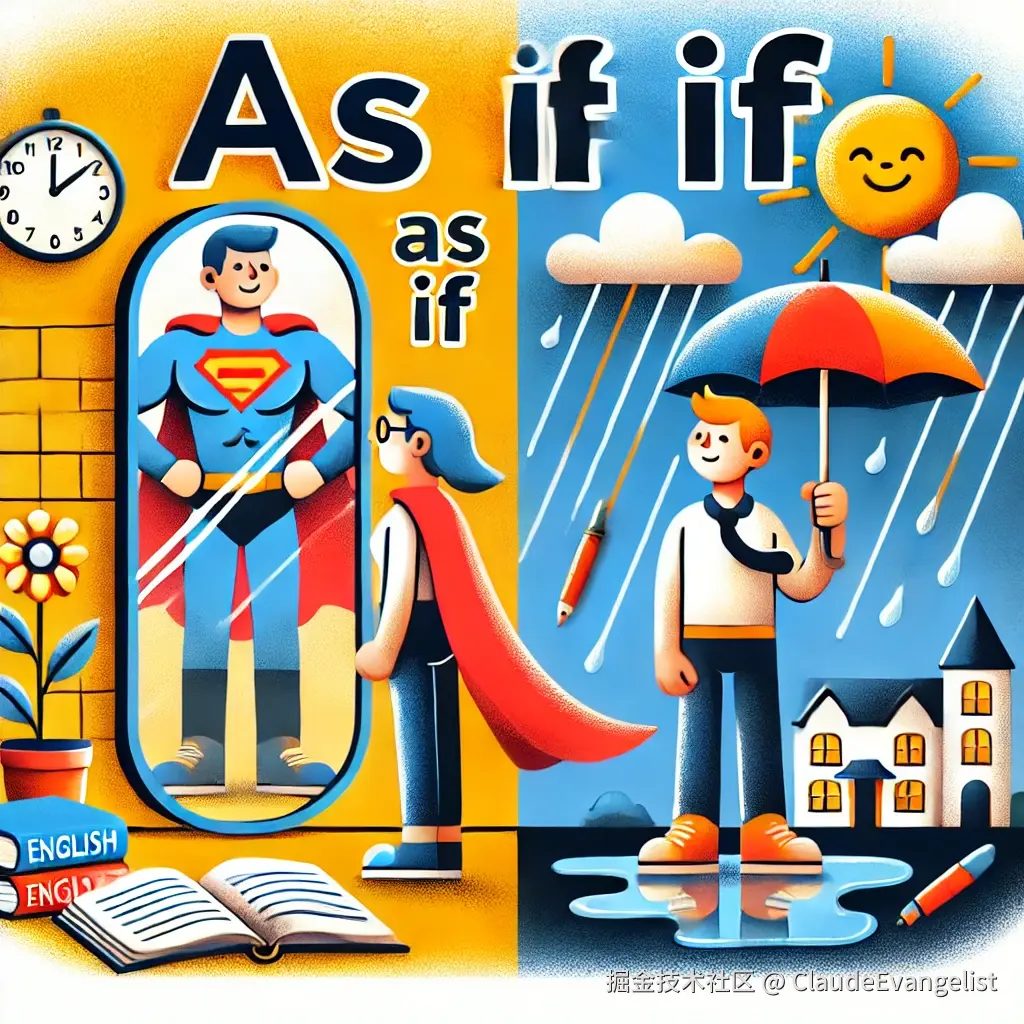 DALL·E 2024-12-30 15.23.56 - A creative illustration depicting the concept of 'as if' in English grammar. On one side, a person looks into a mirror and sees themselves as a superh.webp