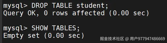 通过输入语句，删除学生表，查询发现学生表已删除。