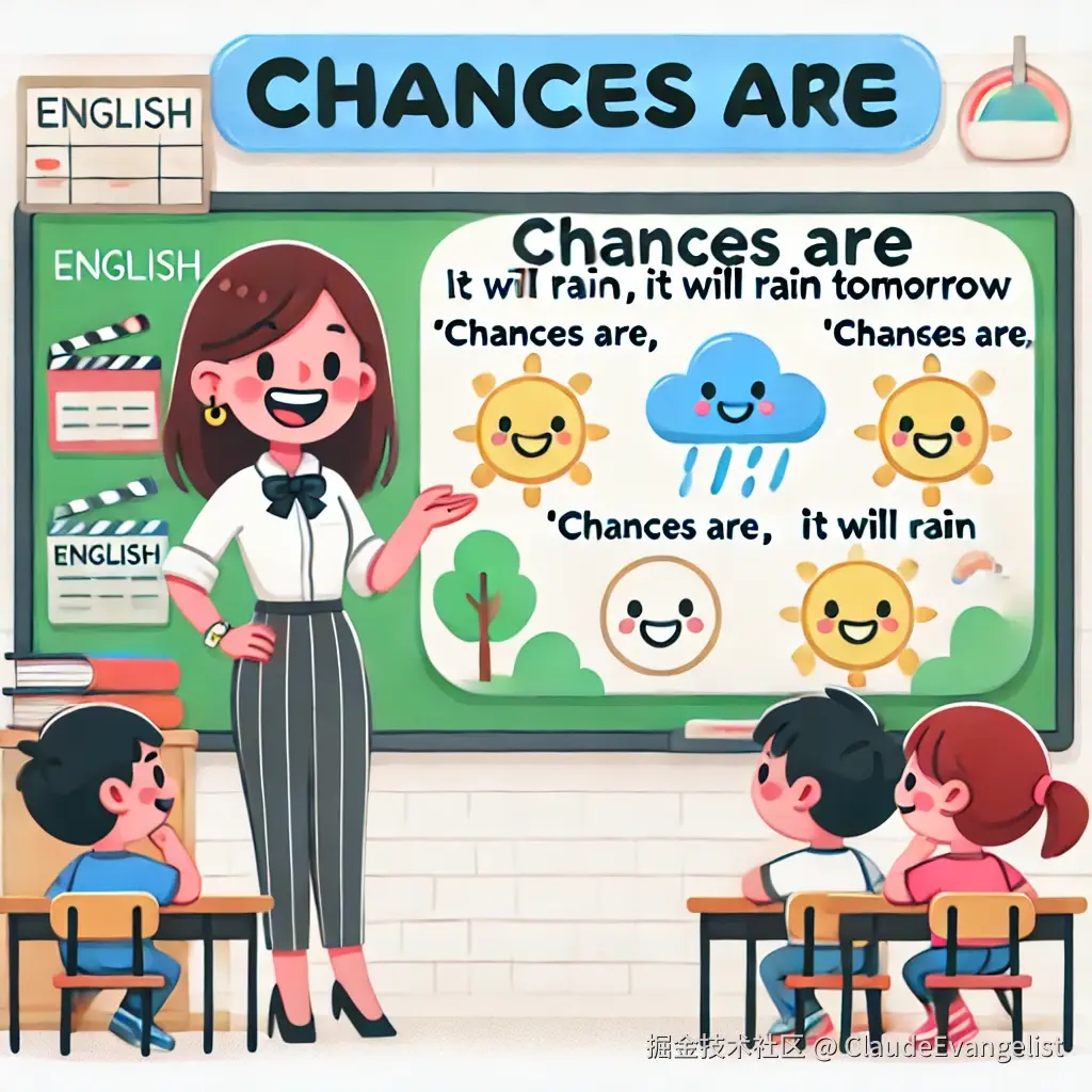 DALL·E 2024-12-07 20.51.50 - A friendly and engaging illustration featuring a cheerful English teacher explaining the phrase 'Chances Are' on a whiteboard in a classroom. The whit.webp