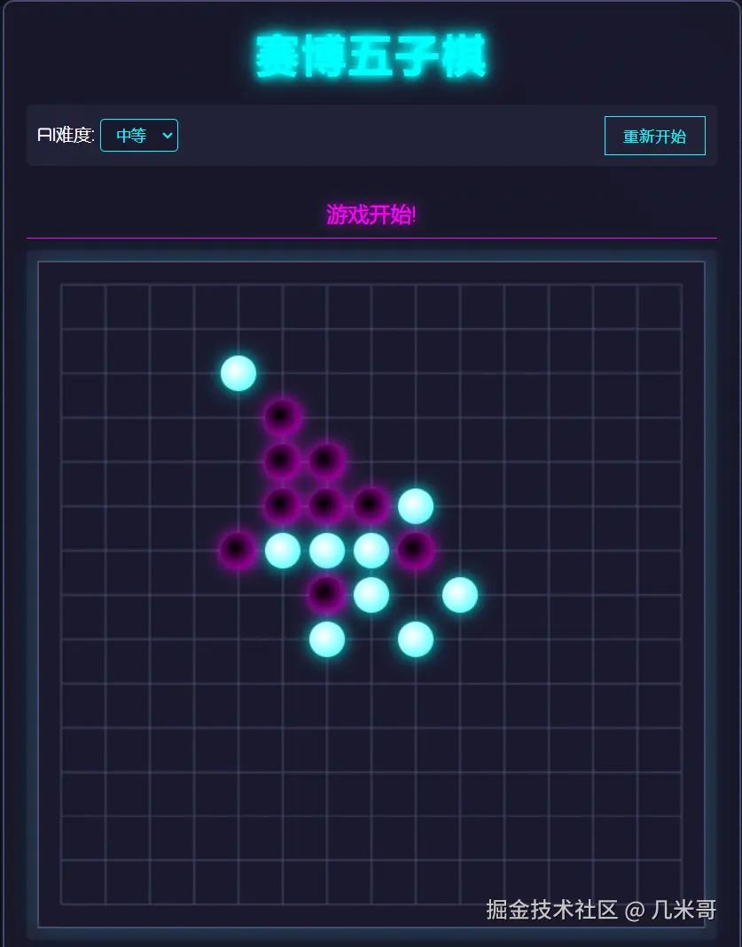 基于AI生成的赛博风格五子棋游戏界面：支持三级难度调节