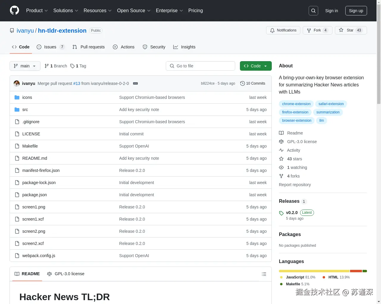 Show HN: 自带密钥的浏览器扩展，用于使用大型语言模型对HN帖子进行总结 - 项目截图