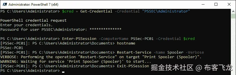 图 3.22 – 进入 PowerShell 会话，执行命令并退出会话
