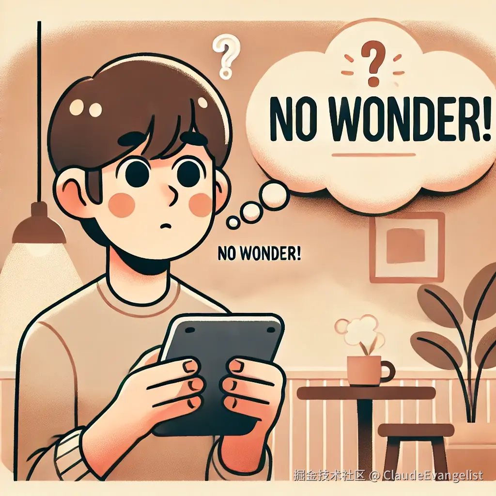 DALL·E 2024-10-28 21.05.38 - An illustration showing a person having an 'aha' moment with a thought bubble above their head that says 'No wonder!' The setting is casual, perhaps i.webp