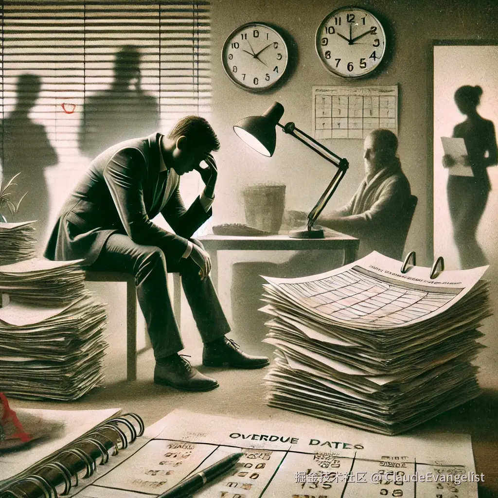 DALL·E 2024-12-12 15.46.23 - A symbolic illustration of a struggling business owner facing financial distress. The image shows a small office setting with stacks of unpaid bills o.webp