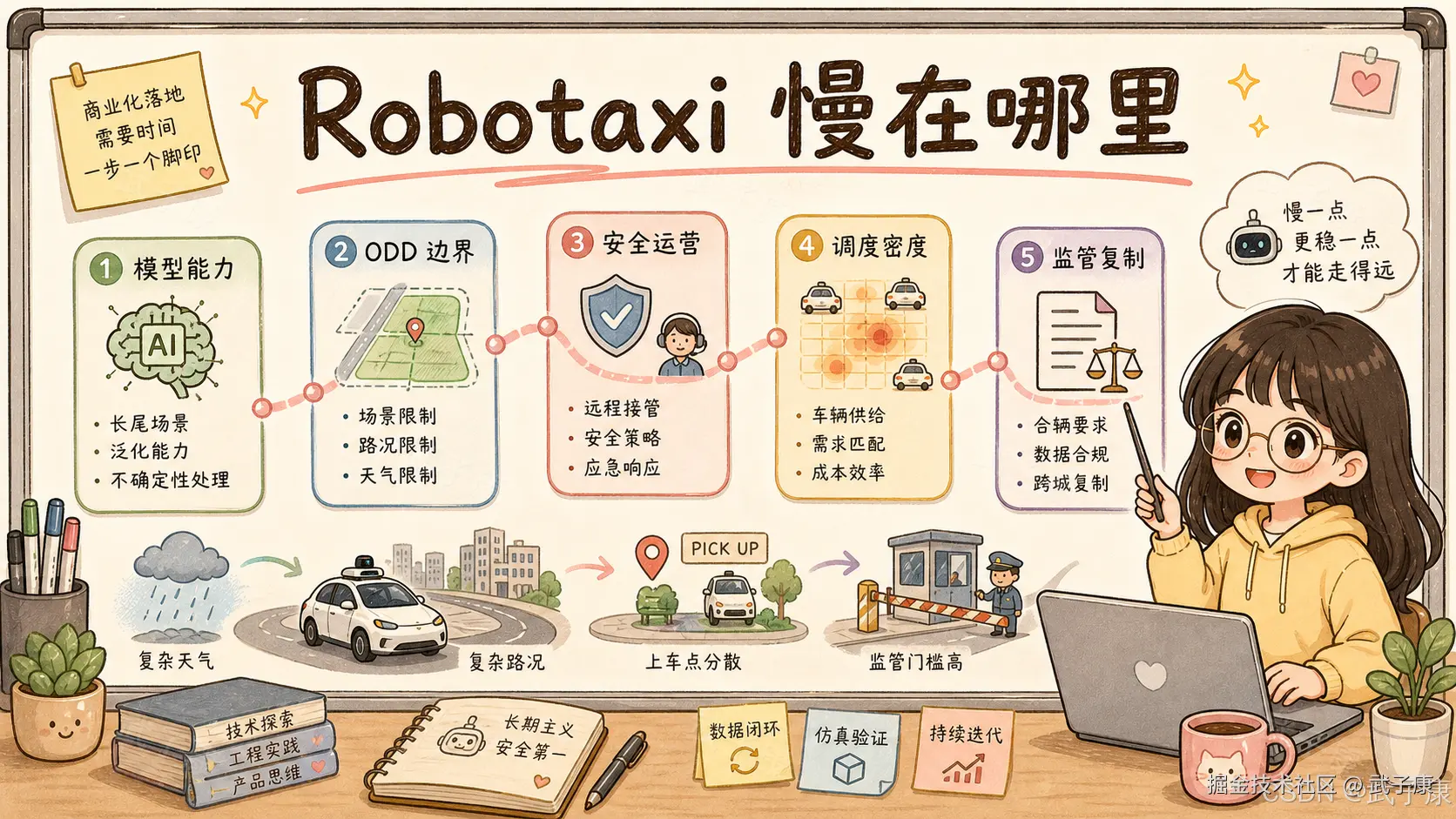 手绘信息图：标题「Robotaxi 慢在哪里」+ 五个挑战面板 ① 模型能力（AI 大脑图标：长尾场景 / 泛化能力 / 不确定性处理）② ODD 边界（地图图标：场景 / 路况 / 天气限制）③ 安全运营（盾牌 + 操作员：远程接管 / 安全策略 / 应急响应）④ 调度密度（热力图 + 车辆：车辆供给 / 需求匹配 / 成本效率）⑤ 监管复制（文档 + 天平：合规 / 数据 / 跨城复制）+ 顶部气泡「商业化落地需要时间，一步一个脚印」+ 右侧机器人对话气泡「慢一点，更稳一点，才能走得远」+ 底部序列 复杂天气 → 复杂路况 → 上车点分散 → 监管门槛高 + 桌面装饰（书 / 笔记本「长期主义，安全第一」/ 三色便签「数据闭环 / 仿真验证 / 持续迭代」）+ CSDN @武子康 水印